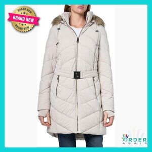 Heavyweight Stretch Puffer Jacket with Faux Fur Hood Belted Waist Winter Coat